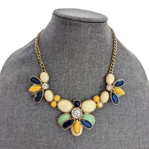 Talbots Gold Tone Chain Floral Cabochon Rhinestone Statement Bib Necklace
